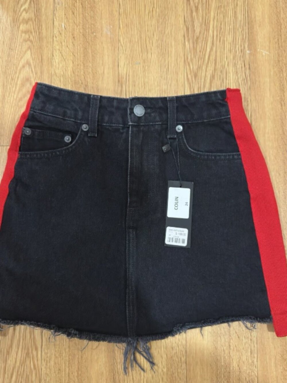 Carmar Los Angeles Black and Red Stripe Distressed Denim Mini Skirt Size 24 NWT